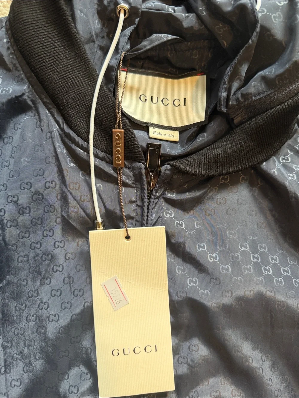 Gucci Navy Hooded Raincoat with White Stripe Detail